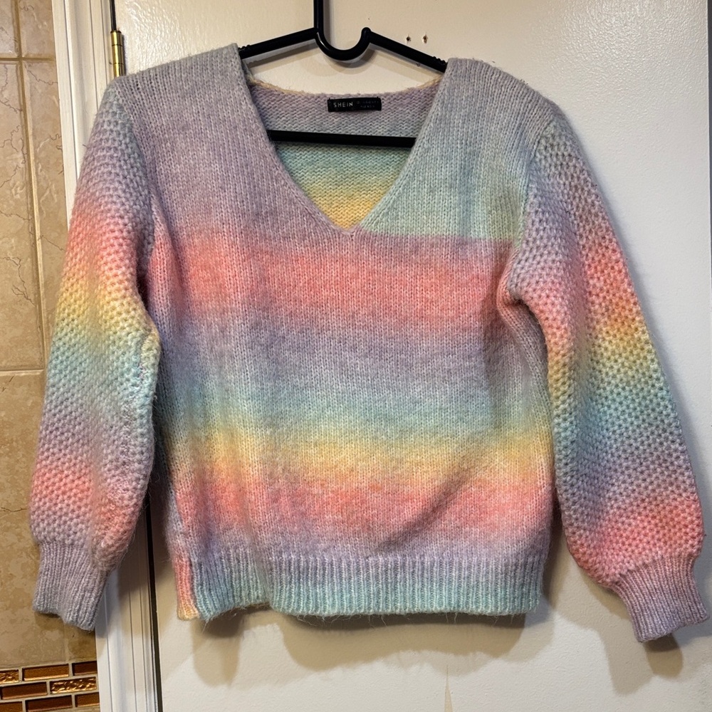 SHEIN Pastel Rainbow V-Neck Sweater